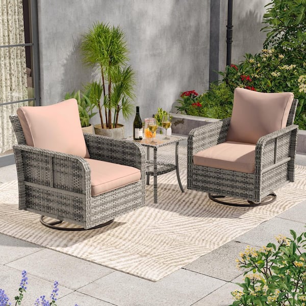 3-Piece Gray Wicker Patio Swivel Rocking Bistro Set with Side Table, Sand Cushion