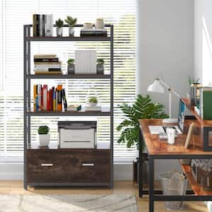 Earlimart 62 in. Brown Wood and Metal 3-Shelf Standard Bookcase with Filing-Drawers