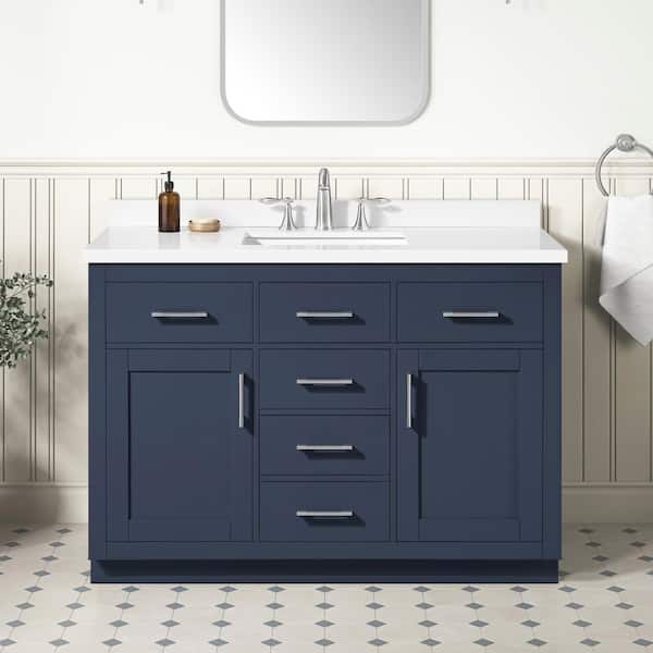 Bailey 48 in. Single Sink Midnight Blue Bath Vanity with White Quartz Top, Power Bar and Brushed Nickel Hardware