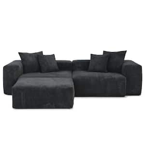 102 in. Square Arm 3-Pieces L Shaped Corduroy Polyester Modular 3 Seats Modern Sectional Sofa Couch in Black