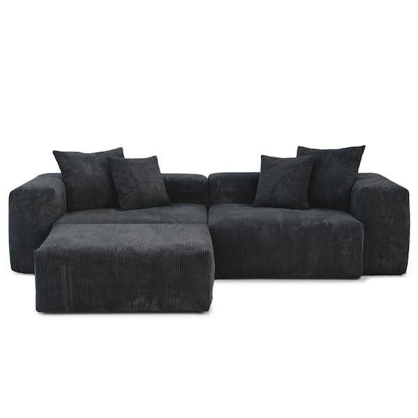 Magic Home 102 in. Square Arm 3-Pieces L Shaped Corduroy Polyester Modular 3 Seats Modern Sectional Sofa Couch in Black