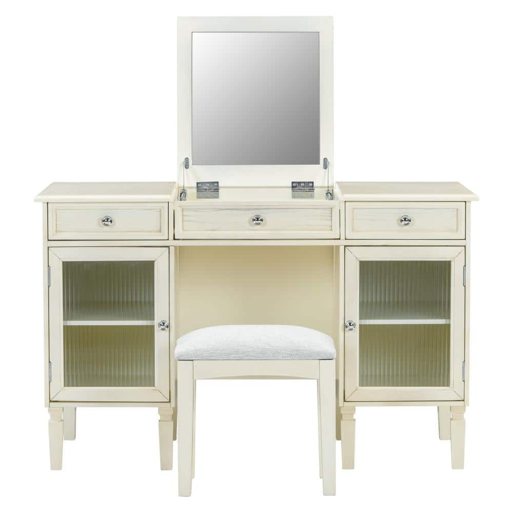 Oakwood 46.5 in. Makeup Vanity Desk White Oak Engineered Wood with Flip-Top Mirror, Drawers & Cabinets price history on PriceWatchPro