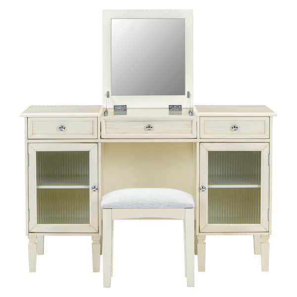 Oakwood 46.5 in. Makeup Vanity Desk White Oak Engineered Wood with Flip-Top Mirror, Drawers & Cabinets
