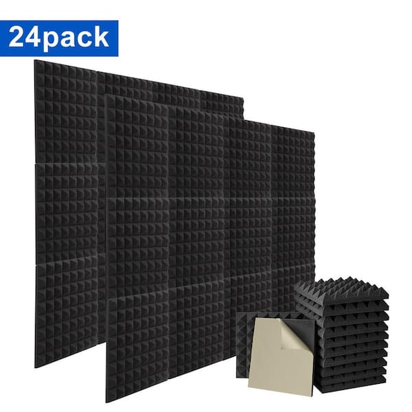 2 in. T x 1 ft. x 1 ft. Black Adhesive Backed Pyramid Acoustic Foam Sound Absorbing Panel for Easy Installation 24-Pack