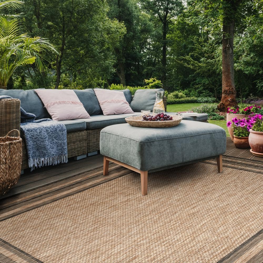 Natural and Black Synthetic Indoor/Outdoor Area Rug, 10' x 14'