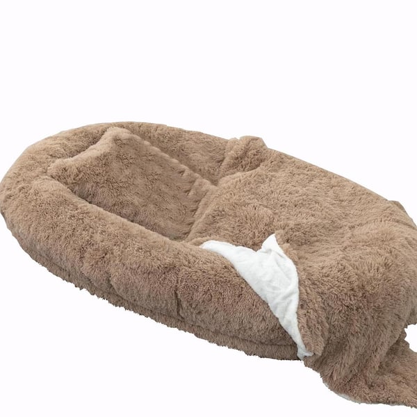 71 in. L x 45 in. W x 12 in. Th Khaki Human Dog Bed Oversize Memory Foam Dog Bed with Plump Pillow and Blanket