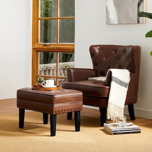 Modern Coffee Leatherette Button-Tufted Accent Chair and Accent Stool (Set of 2)