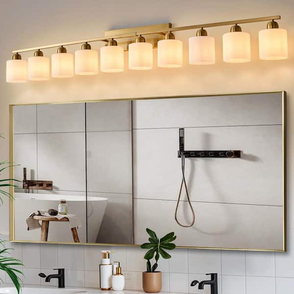 65 in. 10-Light Gold Modern Bathroom Vanity Light Fixture with Milky White Frosted Glass Shades