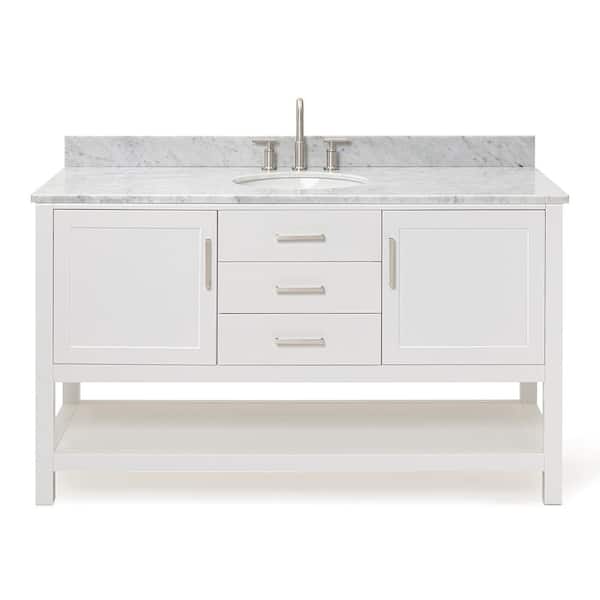 Bayhill 61 in. W x 22 in. D x 35.25 in. H Freestanding Bath Vanity in White with Carrara White Marble Top