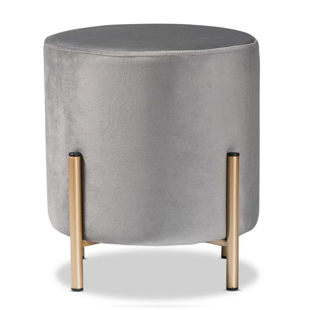 Luxe Grey Velvet and Gold Metal Round Ottoman