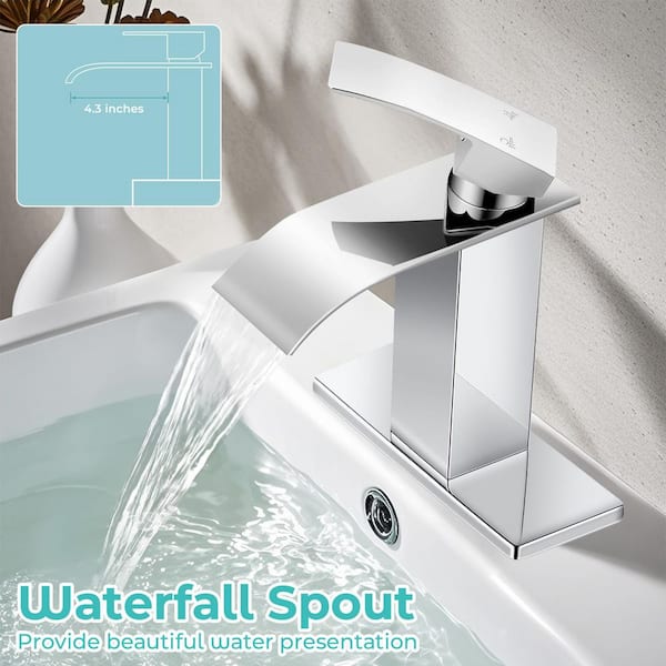 Waterfall Spout Single Handle Single Hole Bathroom Faucet with Deckplate and Pop-up Drain in Polished Chrome