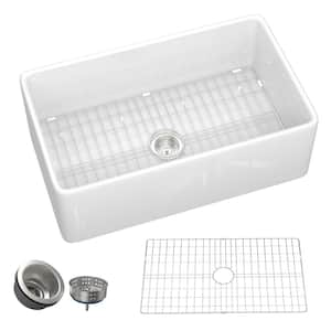 30 in. Apron Front Single Bowl White Fireclay Farmhouse Kitchen Sink with Bottom Grid and Strainer