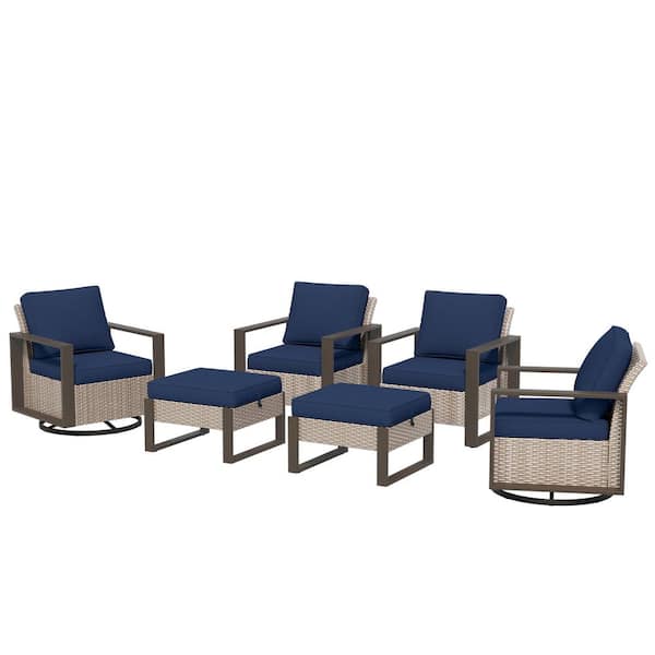 6-Piece Wicker Outdoor Sectional Set Patio Conversation 3-seat Sofa 2 Chairs with Blue Cushions