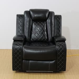 Luxury Black Breathable Leather Recliner Chair, Home Living Room Accent Chair with LED Light and Armrest Storage