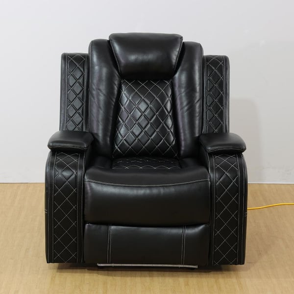 Luxury Black Breathable Leather Recliner Chair, Home Living Room Accent Chair with LED Light and Armrest Storage