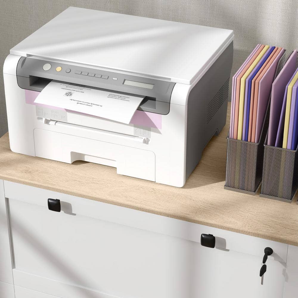 White and Light Wood 2-Drawer Lockable Lateral Filing Cabinet
