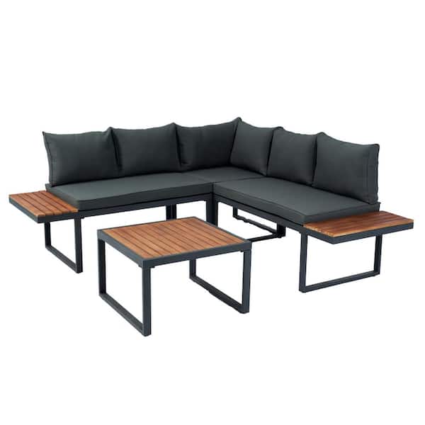 Zeus & Ruta Dark Grey 4 Piece Wicker Outdoor Sectional Set with Dark Grey Cushions, Metal Legs and 1-Side Table