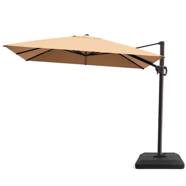 Pellebant 9 ft. x 11.5 ft. Offset Cantilever 360° Rotation Crank Tilt Patio Umbrella in Tan with Fillable Base Weights