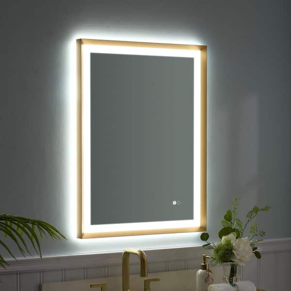 24 in. W x 32 in. H Rectangular Framed Dimmable Defogging Front Backlit LED Light Bathroom Vanity Mirror in Brushed Gold