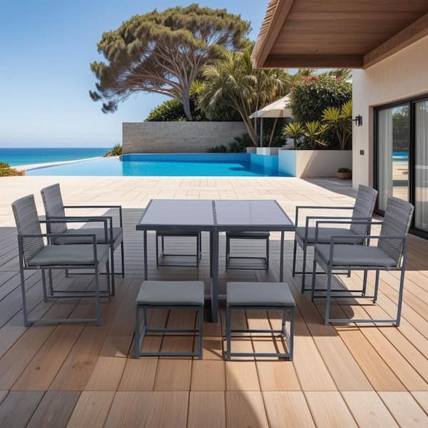 Nestfair 9-Piece Patio Wicker Outdoor Dining Set with Dark Gray Cushion