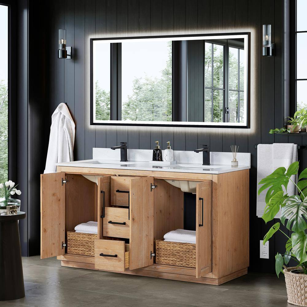 Cicero 60" Light Brown Fir Wood Vanity with White Stone Top and Mirror