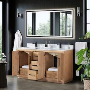 Cicero 60 in. W x 22 in. D x 33 in. H Double Sink Bath Vanity in Brown with White Engineered Stone Top and Mirror