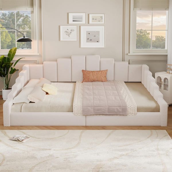 Beige MDF Wood Frame Queen Size Platform Bed with Nailhead Trim