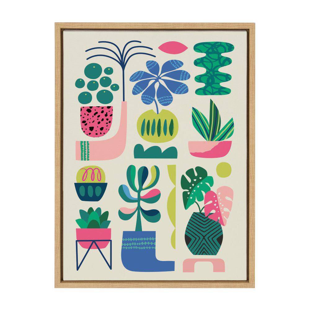 Colorful Mid-Century Modern Botanical Canvas Print with Natural Frame