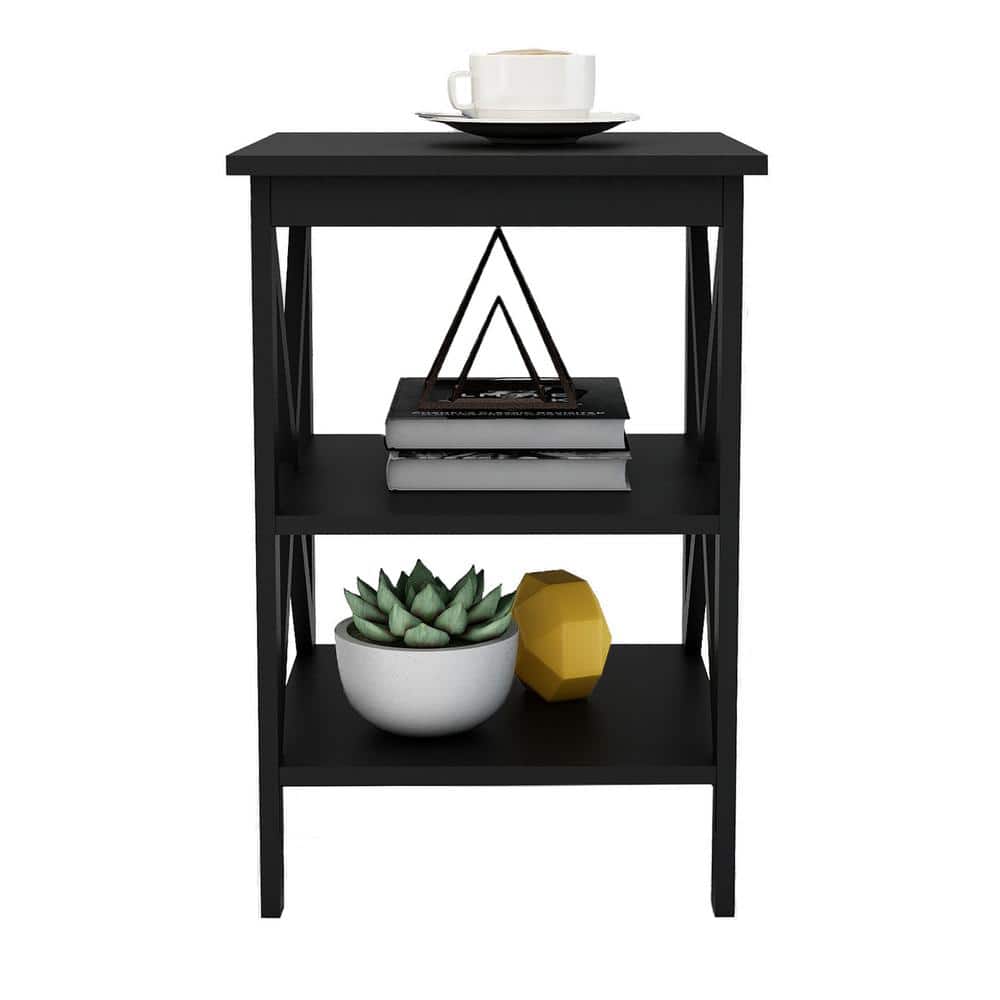 15.75 in. W Black 24.02 in. H Square Wood End Table with Shelves