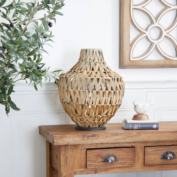 17 in. Brown Handmade Woven Plastic Rattan Decorative Vase with Black Metal Base