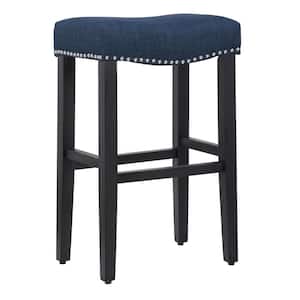 Jameson 29 in. Bar Height Black Wood Backless Nailhead Trim Barstool with Upholstered Navy Blue Linen Saddle Seat Stool