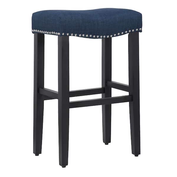 WESTINFURNITURE Jameson 29 in. Bar Height Black Wood Backless Nailhead Trim Barstool with Upholstered Navy Blue Linen Saddle Seat Stool