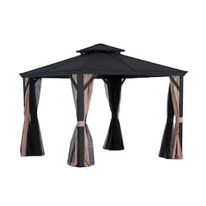 10 ft. x 10 ft. Dark Gray Aluminum Hardtop Gazebo with Double Roof Canopy, Beige Curtains and Netting