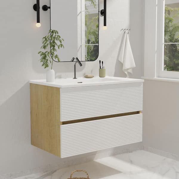 Feelive 30 in. Wall-Mounted Floating Bath Vanity in Natural Oak and White with Single Ceramic Sink Top in White