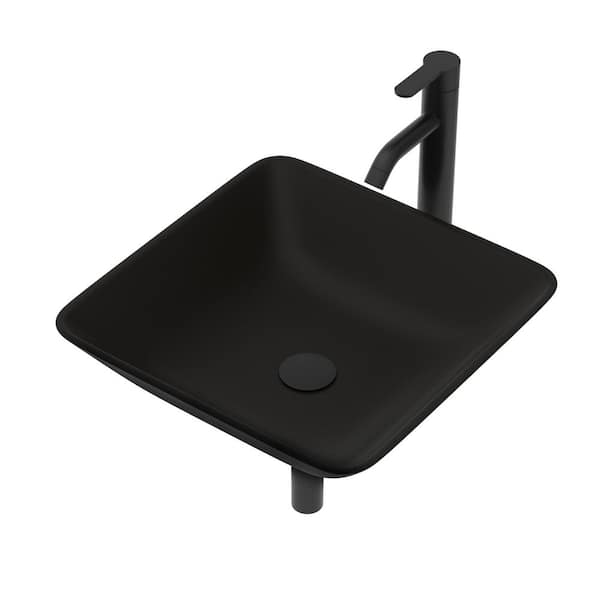 16 in. Matte Black Square Tempered Glass Vessel Bathroom Sink with Faucet and Pop-up Drain