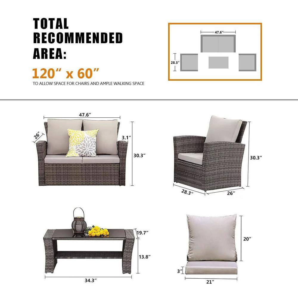 Gray 4-Piece Wicker Patio Furniture Set with Cushions