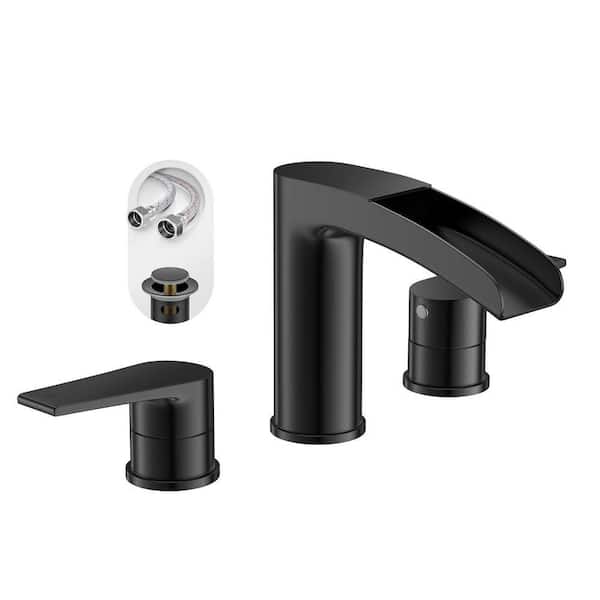 2 Handles 3 Hole Metal Black Widespread 8 in. Waterfall Bathroom Sink Faucet, All Metal Heavy Duty Vintage Faucet