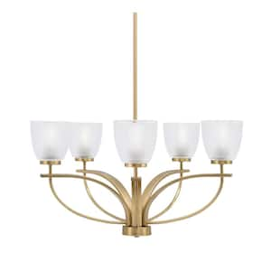 Olympia 5-Light New Age Brass Round Chandelier with 5 in. Clear Ribbed Glass Shades, No bulbs included