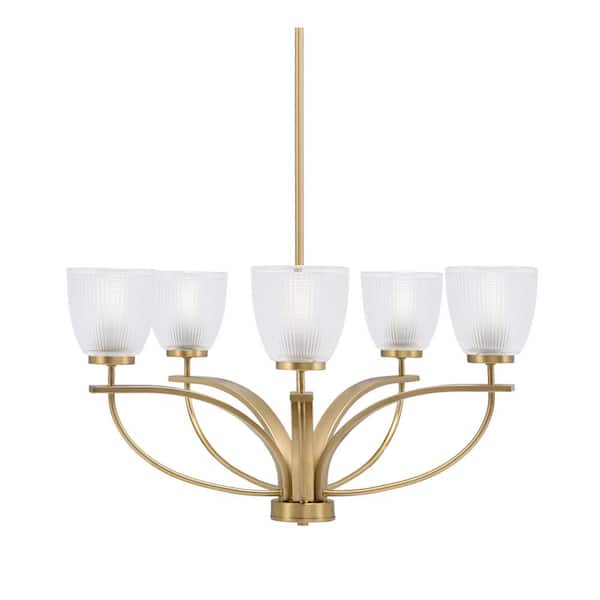 Unbranded Olympia 5-Light New Age Brass Round Chandelier with 5 in. Clear Ribbed Glass Shades, No bulbs included