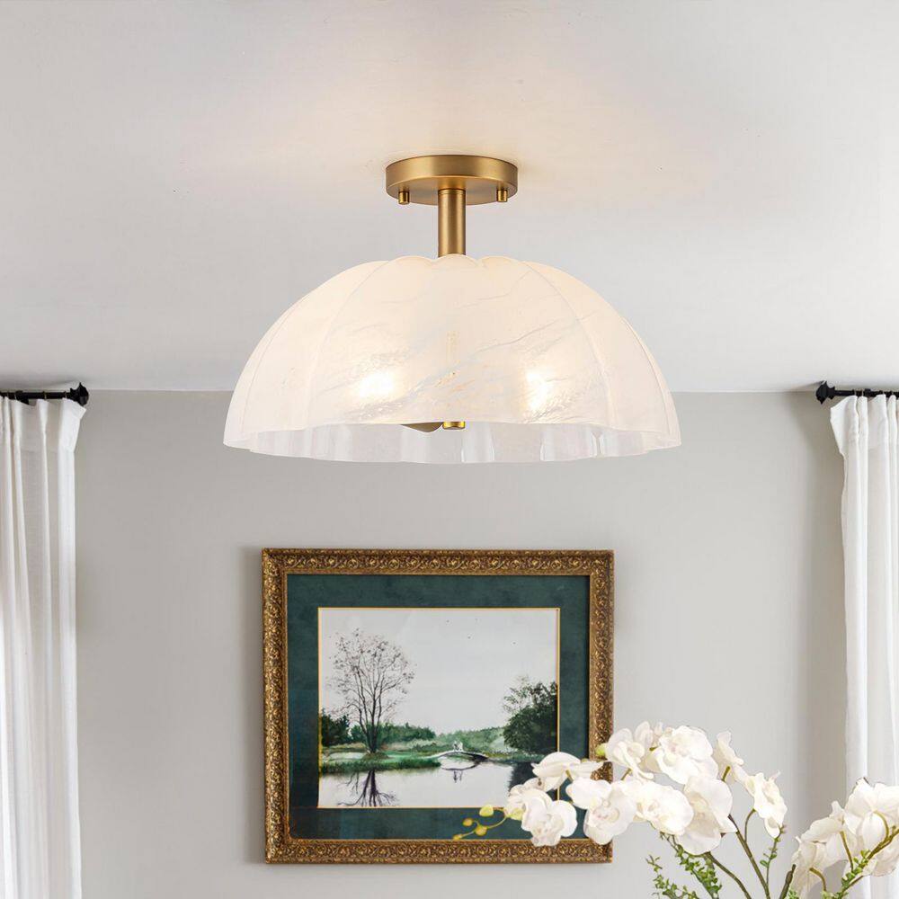 15.98 in. 2-Light Brass Dome Semi-Flush Mount Ceiling Light with Cloud Glass Shades price history on PriceWatchPro