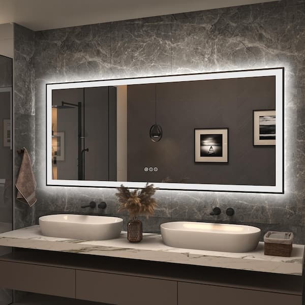 Apmir 72 in. W x 32 in. H Rectangular Space Aluminum Framed Dual Lights Anti-Fog Wall Bathroom Vanity Mirror in Tempered Glass