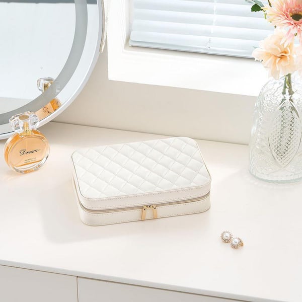 5.71 x 2.17 in. White PU Leather Travel Jewelry Organizer Case