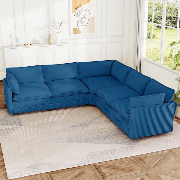 Modern 117 in. Navy Corduroy Square Arm L-Shaped Sofa for Living