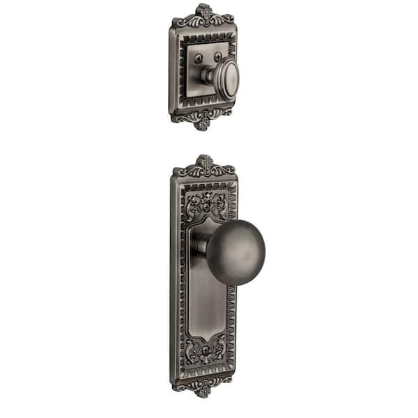 Grandeur Windsor Single Cylinder Antique Pewter Combo Pack Keyed Alike with Fifth Avenue Knob and Matching Deadbolt