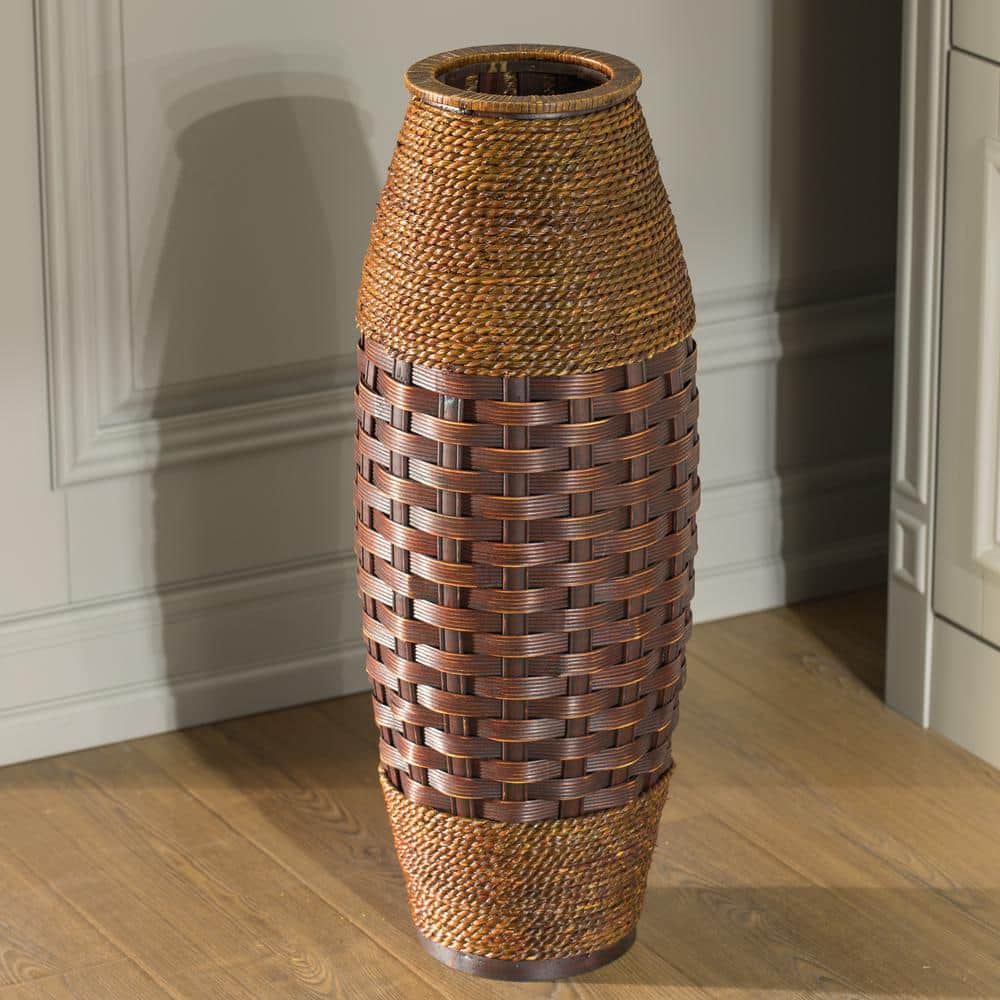 Antique Bamboo Rope Cylinder Floor Vase, Brown, 26"