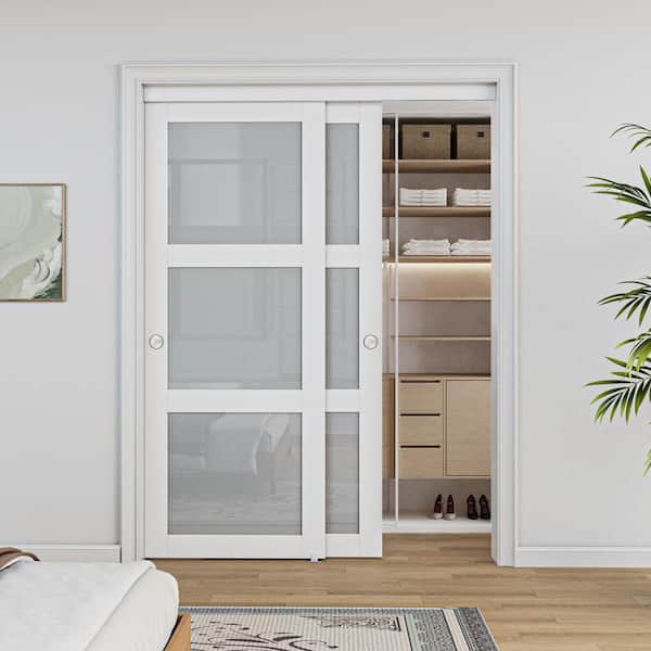 60 in. x 96 in. 3-Lites Frosted Glass Finished White MDF Closet Sliding Door with Hardware Kit