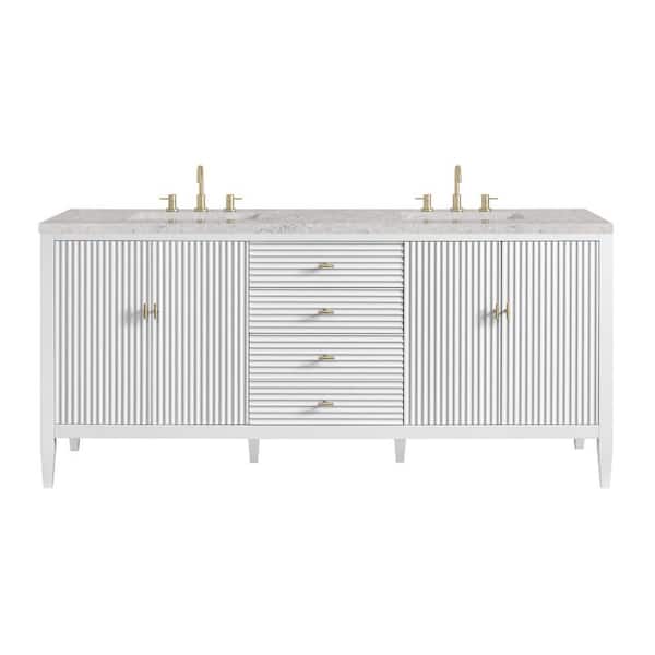 James Martin Vanities Myrrin 72.0 in. W x 23.5 in. D x 34.06 in. H Double Bath Vanity in Bright White with Eternal Jasmine Pearl Quartz Top
