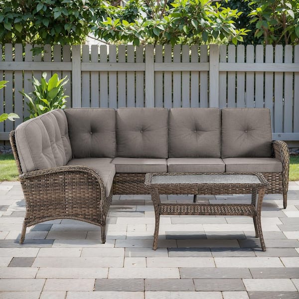 moosprr 3-Piece Brown Wicker Outdoor Sectional Set with Olefin Gray Cushions and L-Shaped Sofa/Coffee Table