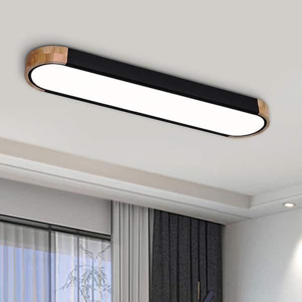 HUOKU Lumin 38 in. W 1-Light Black and Wood Integrated LED Flush Mount Minimalist Long Oval Ceiling Light for Bathroom/Kitchen