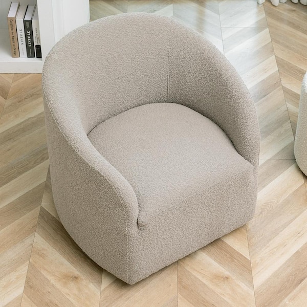 KINWELL Taupe Poly Blend Boucle Fabric Upholstered Swivel Armchair